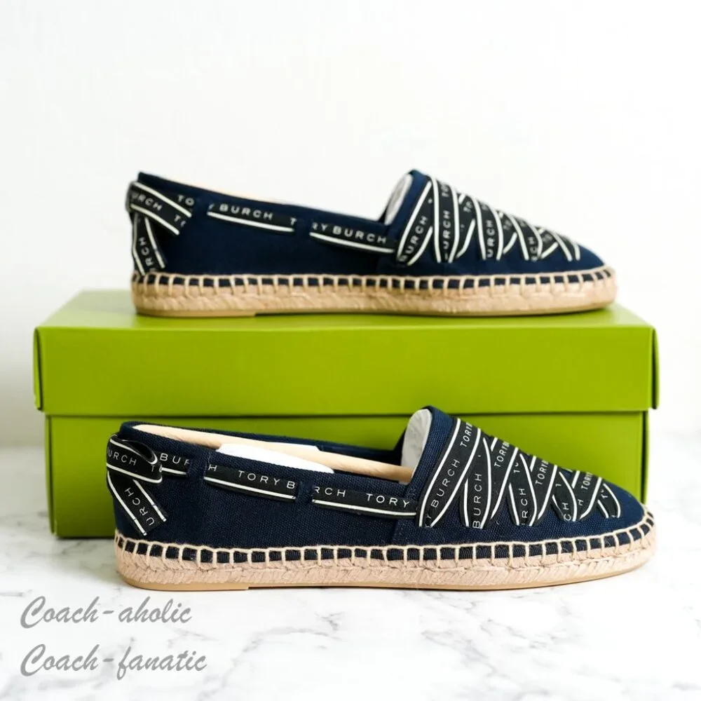 NIB Tory Burch Ribbon Canvas Espadrille Flats in Perfect Navy Size 7.5